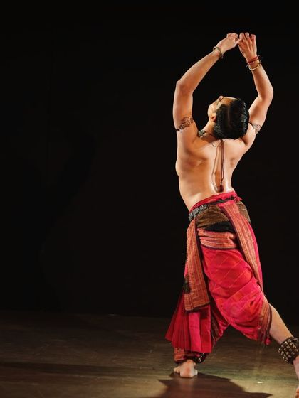 A pose showing the flexibility and strength required for Bharatanatyam, from my Mumbai performance.