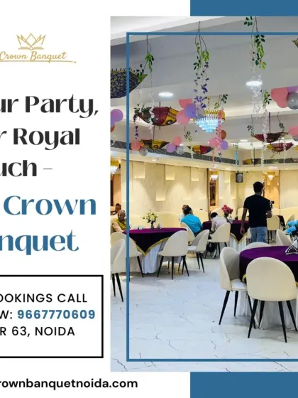 Your party gets our royal touch. This photo shows our hall during an event, with guests seated comfortably. The hanging decor and spacious layout demonstrate how we manage both aesthetics and guest comfort.