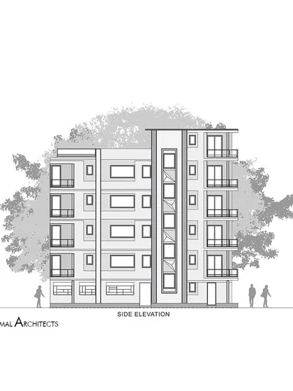 The side elevation drawing for the Yellow Line Apartment. This illustrates the zoning of the facade and the strategic placement of openings along the 60-foot length of the building.