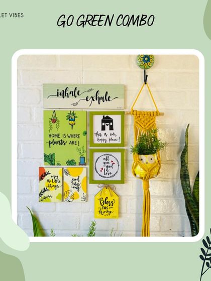 Our 'Go Green Combo' is perfect for plant lovers. This set includes hand-doodled wooden planks, colorful glass frames with plant-themed quotes, and a macrame plant hanger with a ceramic owl planter.