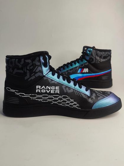 Custom-made Puma high-tops for a private client who loves luxury cars. This pair features details from both Range Rover and BMW.