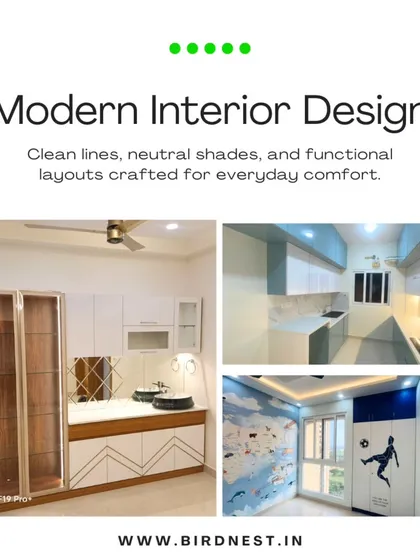 This collage showcases our modern interior design style, featuring clean lines, neutral shades, and functional layouts for everyday comfort.
