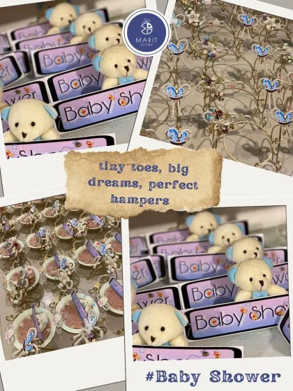 Tiny toes, big dreams, perfect hampers. This collage shows some of my baby shower favors, including cute teddy bear themed chocolates and other small, personalized gifts.