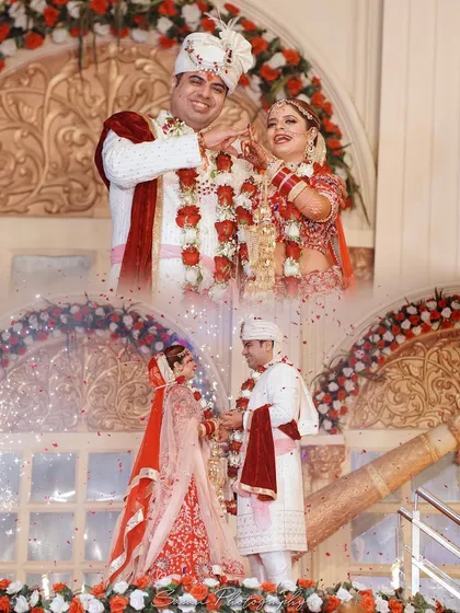 A collage capturing the Varmala ceremony, with confetti and smiles all around.
