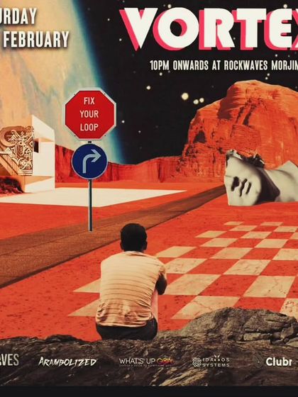 The official flyer for my birthday set at Vortex, Rockwaves Morjim. The theme is "Fix Your Loop," and that's exactly what we're going to do.