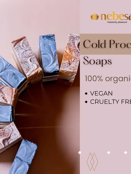 My cold process soaps are 100% organic, vegan, and cruelty-free. This image showcases the beautiful swirls and textures you can achieve with natural colorants and oils.