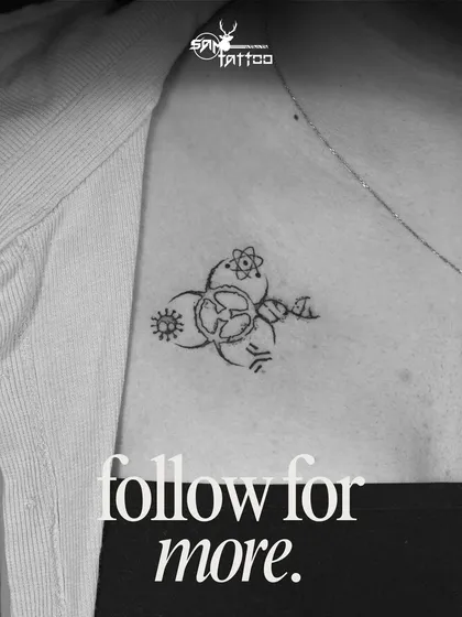 A unique and personal tattoo for a PhD in virology, combining symbols of antibodies, DNA, and a biohazard sign into an elegant and meaningful design.
