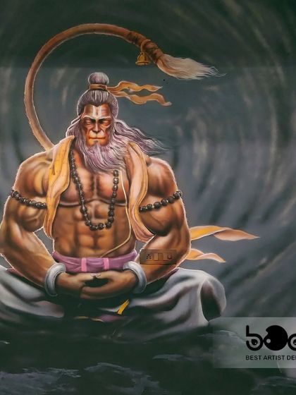 The completed Hanuman ji graffiti art, showing him in deep meditation. I used spray paint to create the swirling background and soft shading on the muscles, giving the piece depth and a spiritual feel.