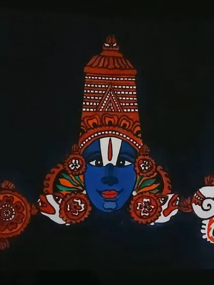 A painting of Lord Venkateshwara, also known as Balaji. This small 7.5x7.5 inch piece focuses on his divine face against a dark background, highlighting his serene and powerful presence.