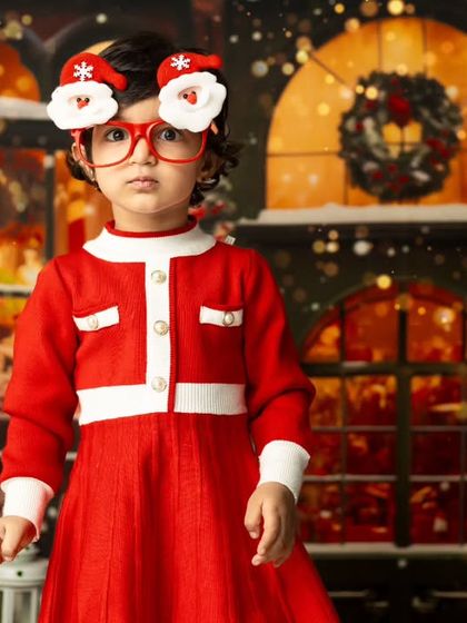 A fun and quirky Christmas portrait, with a little girl wearing oversized Santa glasses.