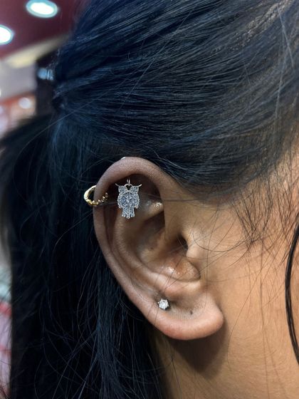 A unique owl-shaped hanging designed for a helix or industrial piercing. This piece is full of character and intricate detail.