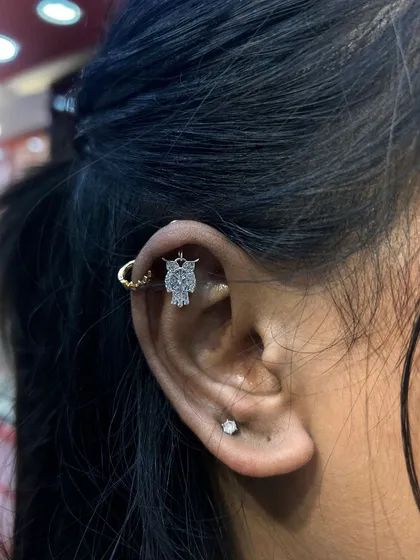A wise choice for a helix piercing. This sparkling owl hanging is paired with a simple gold hoop, creating a playful yet stylish look.