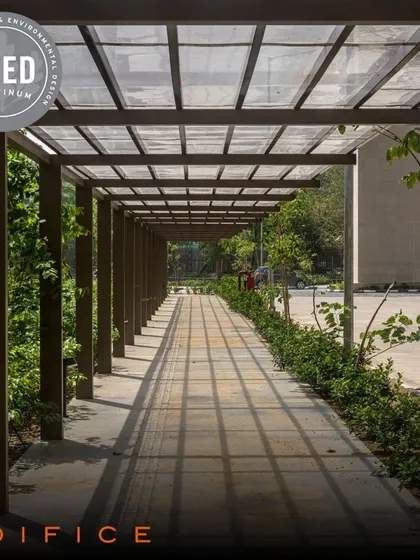 The shaded walkway at Atal Akshaya Urja Bhawan is an example of our passive design strategies. This project earned a LEED Platinum certification, a testament to our ability to deliver buildings that meet the highest global standards for sustainability and energy efficiency.