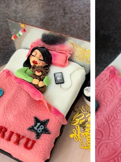 A wider collage view of the personalized 18th birthday cake, showcasing the entire bedroom theme.