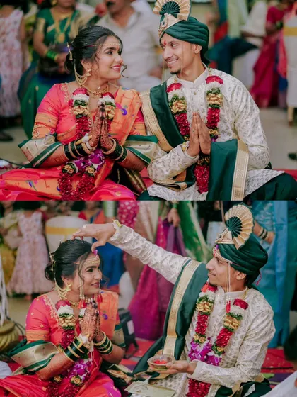 Capturing the sacred rituals of a Maharashtrian wedding. Here, the couple shares a moment of prayer and togetherness during the ceremony.