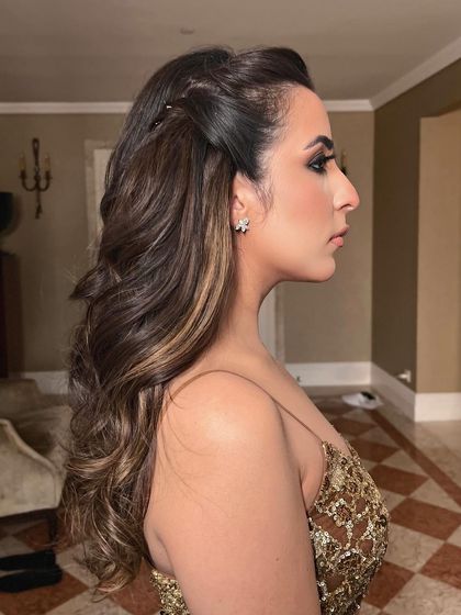 Another side view of the soft and simple half-up style for a Sangeet.