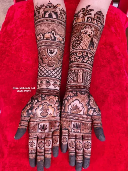 This design features a bride being carried in a doli on one palm and a lotus on the other, symbolizing purity and new beginnings.