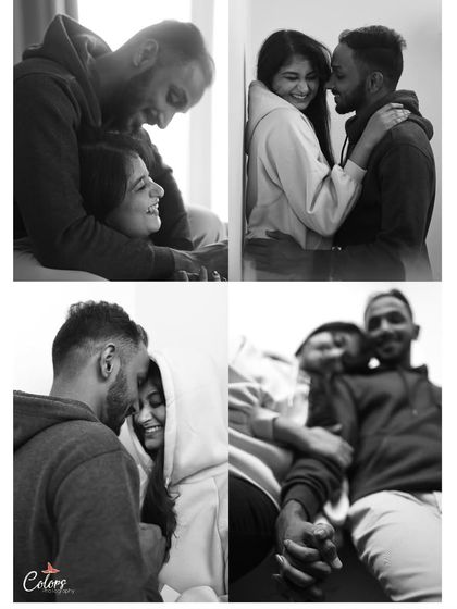 A collage of candid, intimate moments in black and white, showcasing different expressions of affection.