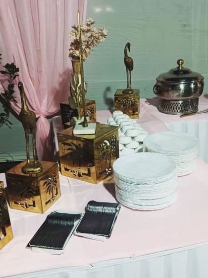 A lovely pink-themed setup for 70 guests in Moti Bagh, featuring our signature gold decor pieces.