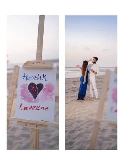 A creative diptych showing both the couple's playful interaction on the beach and a close-up of the artwork they created together. It’s a great way to tell a bigger story within a single image.