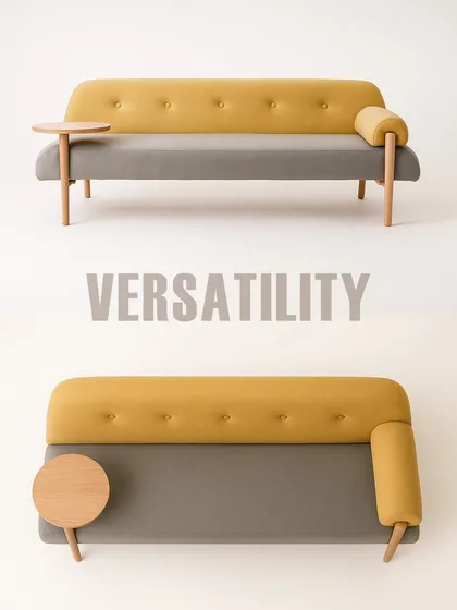 This image demonstrates the versatility of our sofa design. It features a unique asymmetrical form with a cylindrical armrest on one side and an integrated wooden side table on the other, perfect for modern living and lounge spaces.