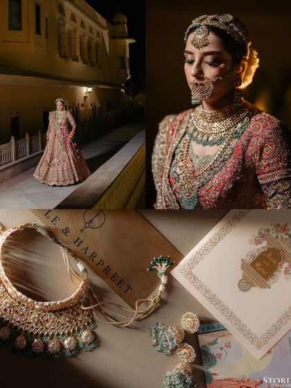 A detail-oriented collage showing the bride's jewelry, the wedding invitation, and close-up portraits.