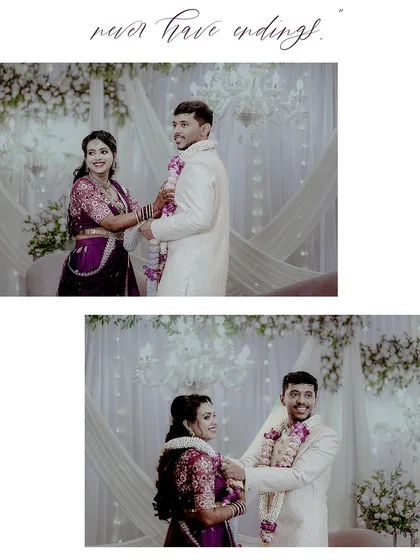 Two moments from an engagement ceremony, capturing the couple's interaction during the garland exchange. The white decor adds a touch of elegance to the scene.