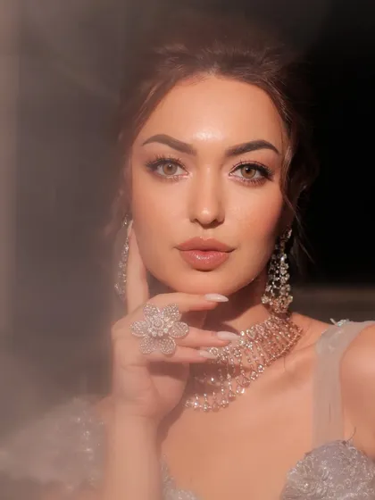 A dreamy, soft-focus portrait. I styled this silver-grey gown with sparkling diamond jewelry for a look of ethereal glamour.