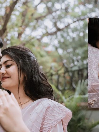 A tender moment of the bride resting her head on the groom's shoulder, combined with a close-up of her hand. This composition emphasizes trust and affection.