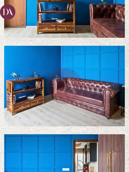 A collage of the bold blue room, showing different angles and details. It highlights our pro tip: condition leather furniture to keep it soft and beautiful for years to come.