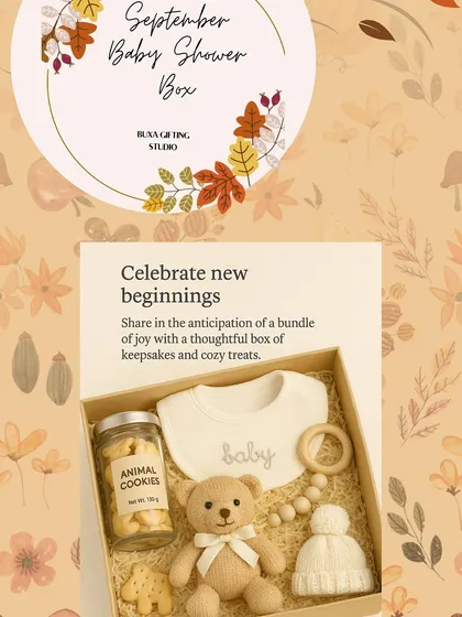 A September baby shower box idea with an autumn theme, including a teddy bear, animal cookies, and a cozy knit hat.