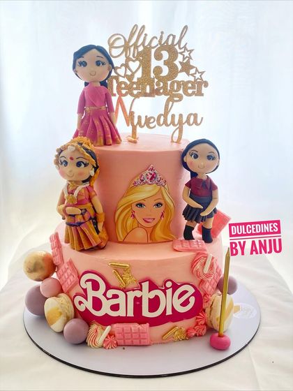 A special Barbie-themed cake for an official teenager. This two-tier design features personalized fondant figures representing the birthday girl's different styles.