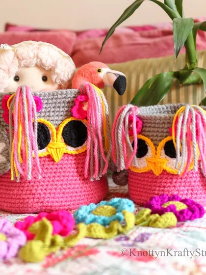 How much pink is too much pink? Here are two of my Owlie Baskets, one large and one small, showing how they can be used together for even more storage.