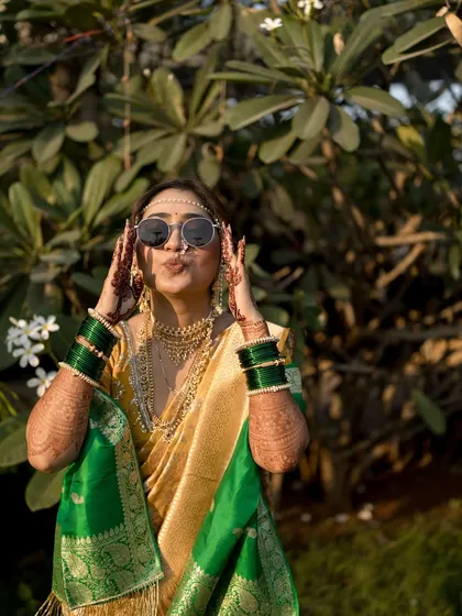 A playful pout from the cool bride, showing that tradition can have a fun side.