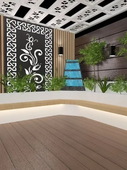 A proposed seating area for the Punjabi Bagh project, with a water cascade and decorative jaali panels.