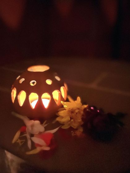A simple, elegant tea light holder adding a warm and cozy feel to the studio during Diwali.