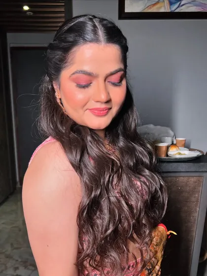 A close-up of the vibrant pink eye makeup, perfect for a fun Sangeet night.