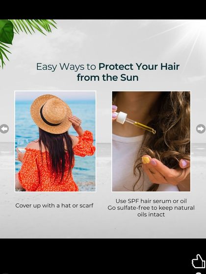 This image provides easy ways to protect your hair from the sun. Covering up with a hat or scarf and using an SPF hair serum are simple yet effective tricks to keep your hair strong and healthy during the summer.
