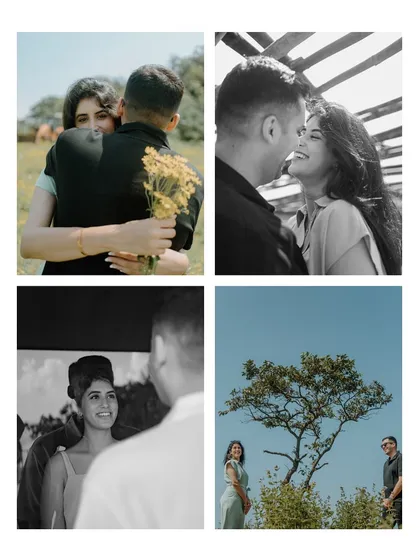 A collage of candid moments from a single shoot. It showcases a variety of emotions, from a warm hug and shared laughter to quiet gazes, telling a complete story of their day together.