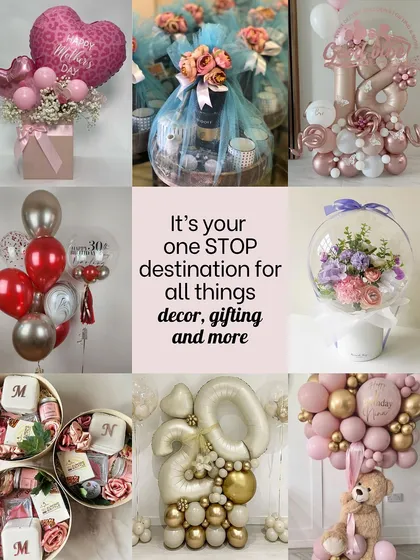 A collage showcasing the wide variety of gifts and decor we offer. From Mother's Day hampers and birthday balloon arrangements to personalized chocolate boxes, we are your one stop destination for any celebration.