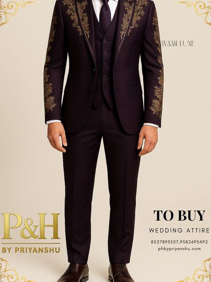 A three-quarter view highlighting the slim fit and the flow of the golden embroidery down the sleeves of the purple suit.