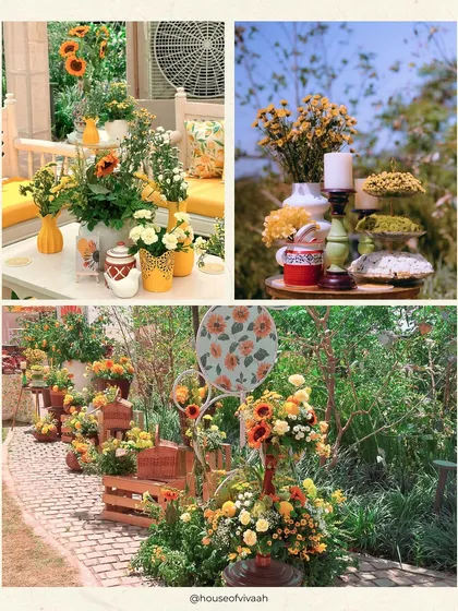 A collage of the sunflower-themed Haldi, showcasing the vibrant yellow floral arrangements, citrus accents, and rustic wooden crates used throughout the decor.