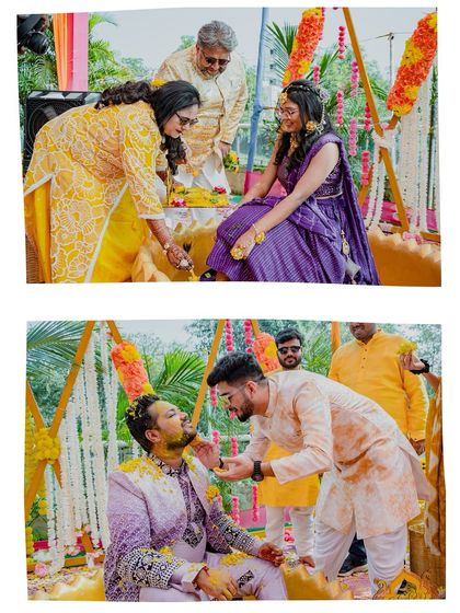 A collage of the Haldi rituals, showing family members lovingly applying turmeric to the bride and groom.