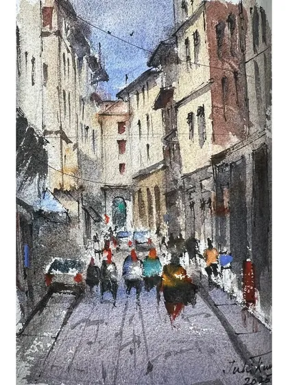 The first sketch of the year, a watercolor from my sketchbook capturing a street scene. It’s a simple piece that holds the promise of new creative journeys.