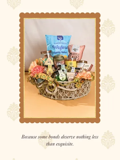 Because some bonds deserve nothing less than exquisite. This Rakhi hamper is filled with a variety of wafers, snacks, and other treats, all beautifully arranged in a rustic basket.