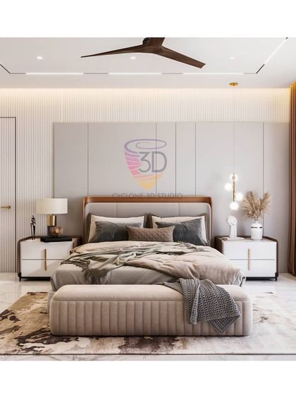 A contemporary bedroom with clean lines and a soothing, neutral palette. The render highlights the fluted wall panels and the soft, indirect lighting, creating a calm and modern retreat.