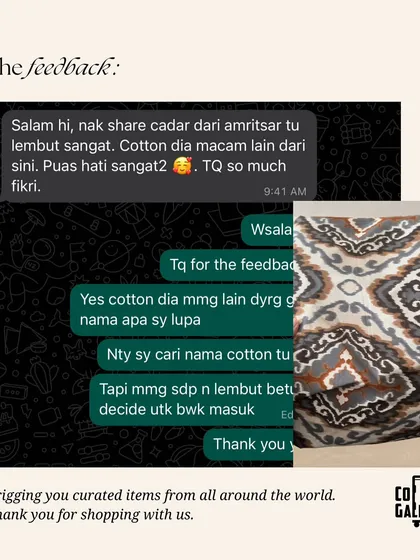 A customer from Amritsar sharing that the bedsheet is "lembut sangat" (super soft) and they are "puas hati sangat2" (very satisfied). This is why I love sourcing these items.