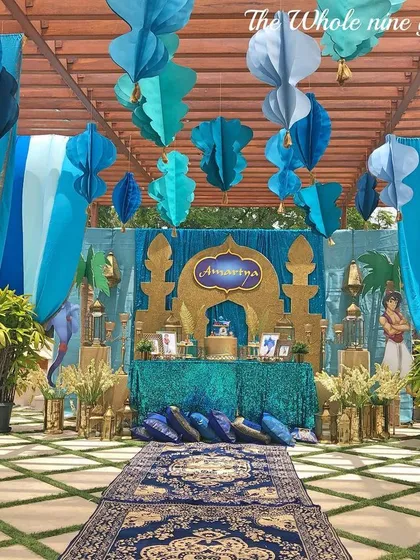 I brought the world of Aladdin to life for this magical birthday party. The setup featured a magic carpet entrance, low seating with plush cushions, and a golden Agrabah-inspired backdrop to transport guests to a whole new world.