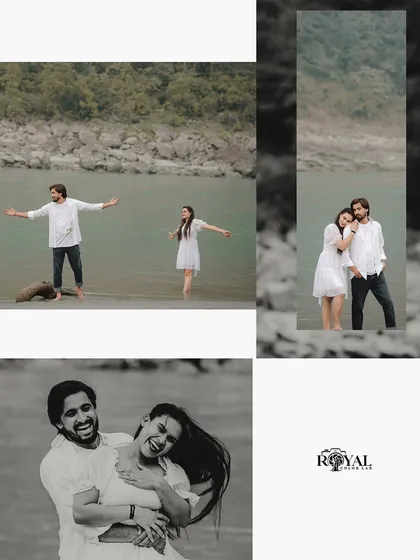 A fun and energetic collage of a couple in matching white outfits playing in the river, with a mix of color and black and white photos.