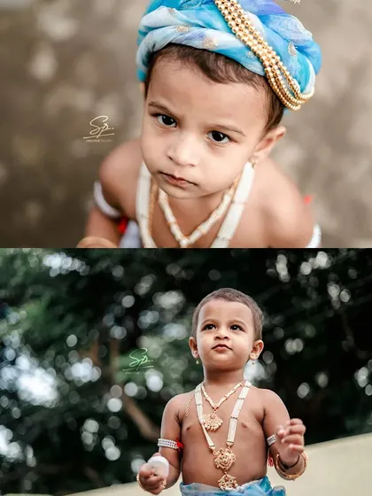 A diptych contrasting a direct, soulful gaze with a hopeful, distant look. These close-up portraits from the themed shoot focus on the child's expressive eyes and innocent features.